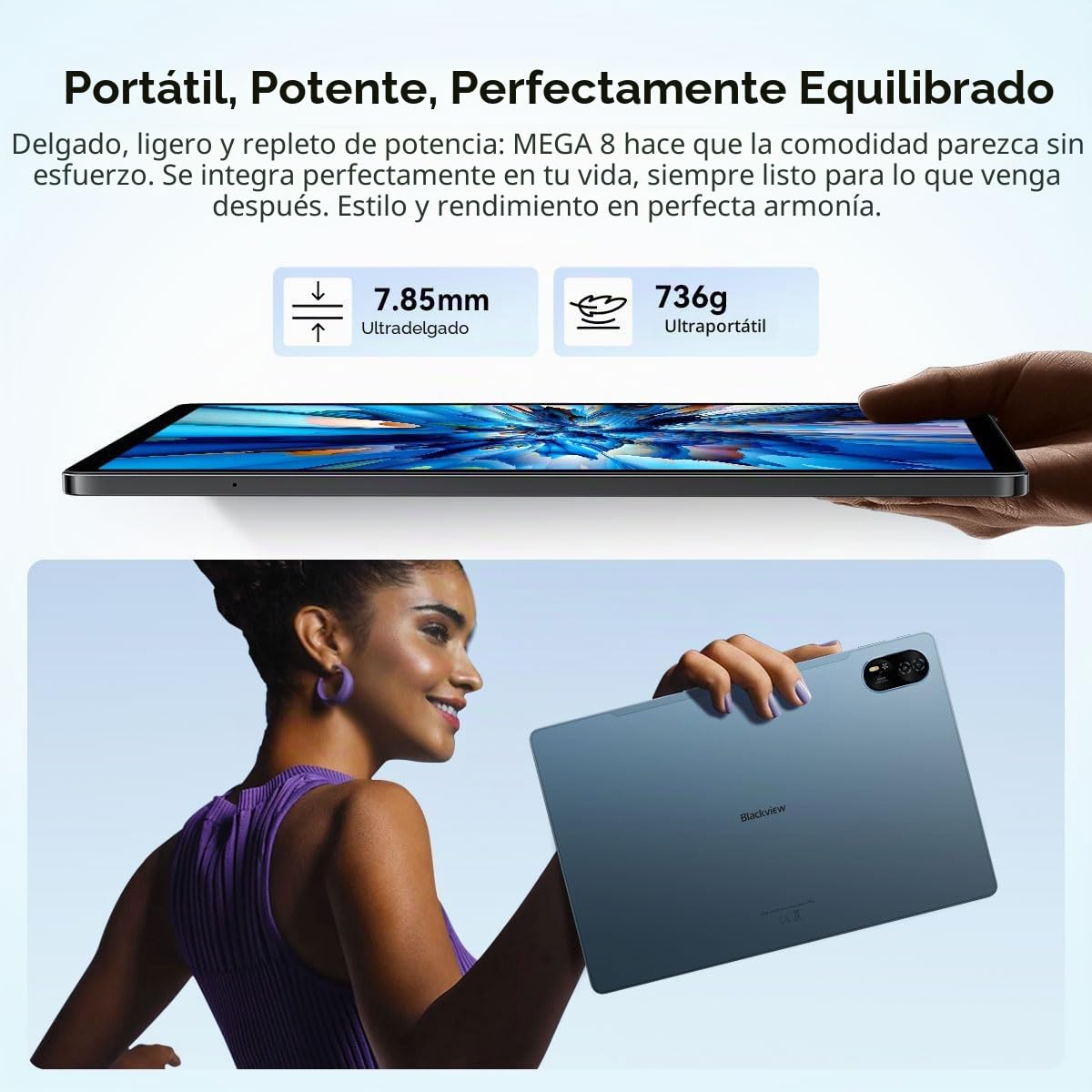 Blackview Mega 8 Tableta 13 Pulgadas Android 15, 36GB+512GB/TF 2TB Tableta Táctil, Altavoces Quad-Box, 2K FHD+, 4G LTE WiFi 5G, 50MP+13MP, 11000mAh, Modo PC, OTG, Funda + Lápiz Inteligente, Negro
