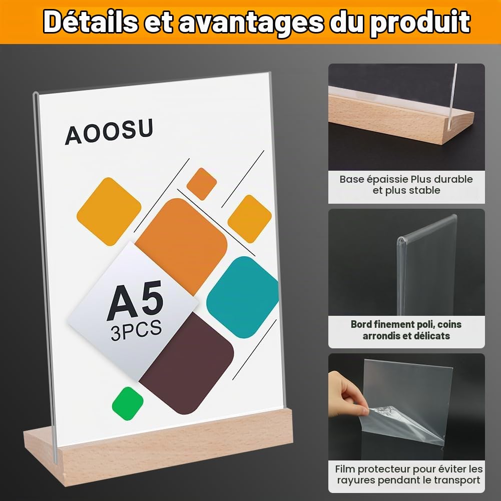 Lot de 3 Présentoirs de Table, Porte-Affiches en Acrylique A5 Support pour Menu,Porte Menu avec Base en Bois, Acrylique Transparent Plexi A5 pour Restaurant Hôtel école Bureau Conférence-L