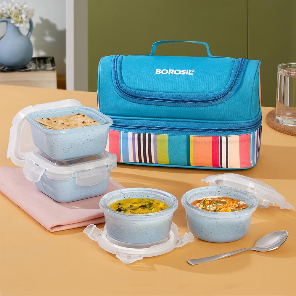 Borosil Topaz Blue Universal Borosilicate Glass Lunchbox | Set of 4 (320ml x 2 Square + 240ml x 2 Round) | Microwave & Dishwasher Safe, Leakproof | Tiffin for Office, School | Transparent-picture-13
