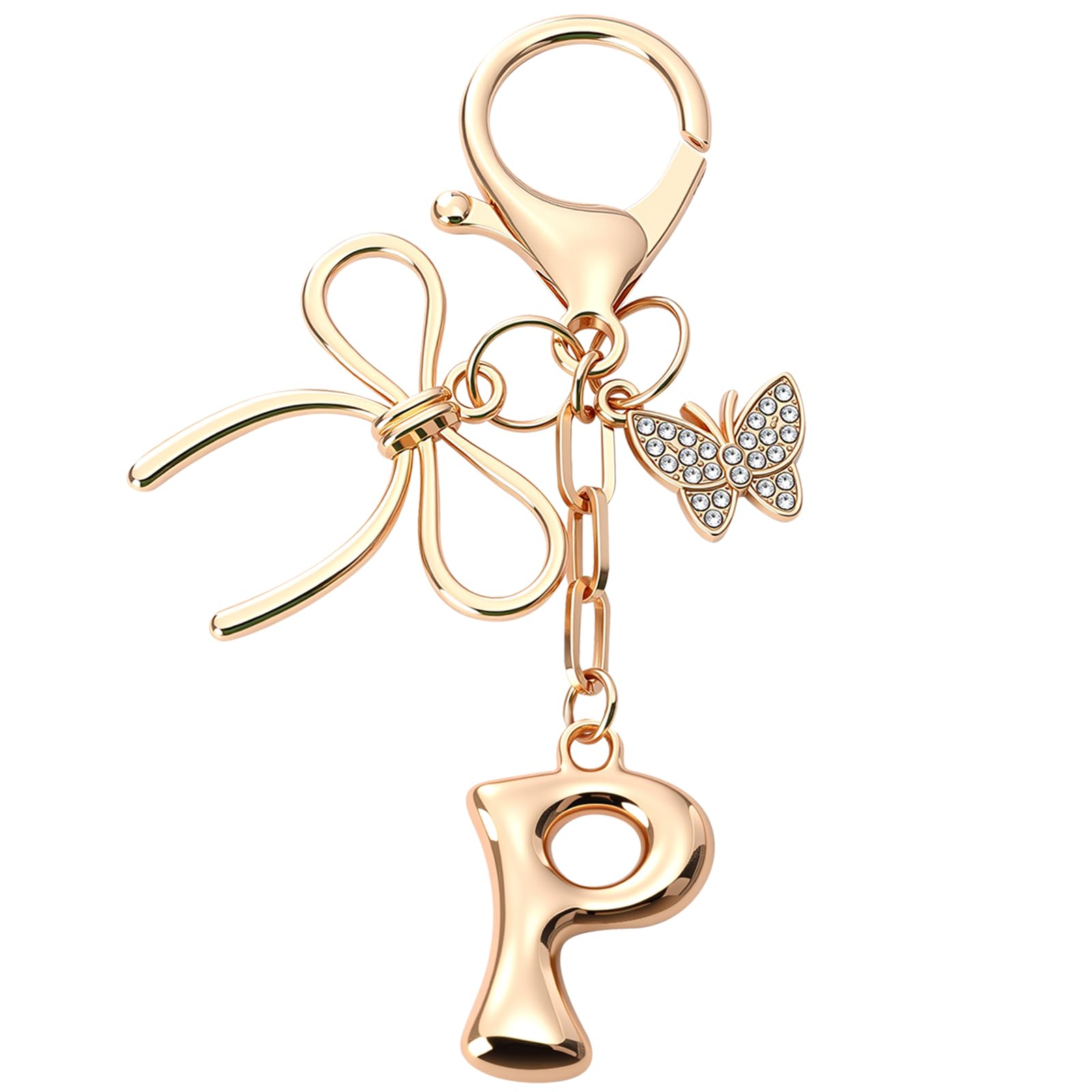 Sylixonae Bubble Initial Keychain with Bow & Butterfly - Gold Letter Bag Charms for Women, Cute Purse Handbag Accessories