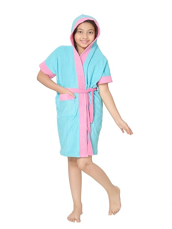 Sand Dune Half Sleeves, Knee Length, Pocket with Waist Belt Terry Cotton Hood Bathrobe Gown for Girls (Age Group 14 to 15 Years, Sky Blue)