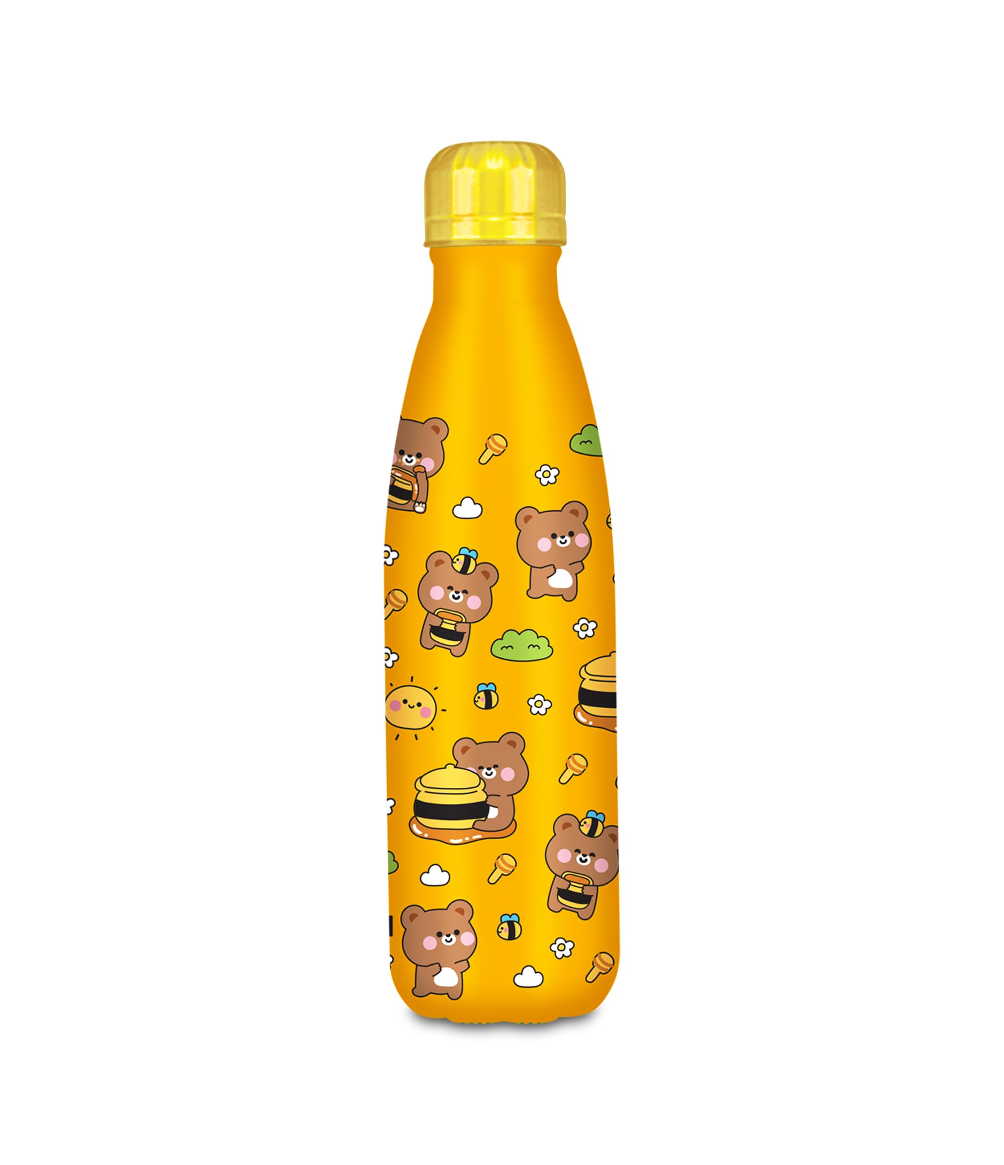 Cartomania Trinkflasche, Thermosflasche, Wasserflasche, Thermosflasche aus Edelstahl, BPA-frei, 500 ml, Silikondeckel, Kinder, Jungen, Mädchen, Geschenkidee, gelb mit Teddybär