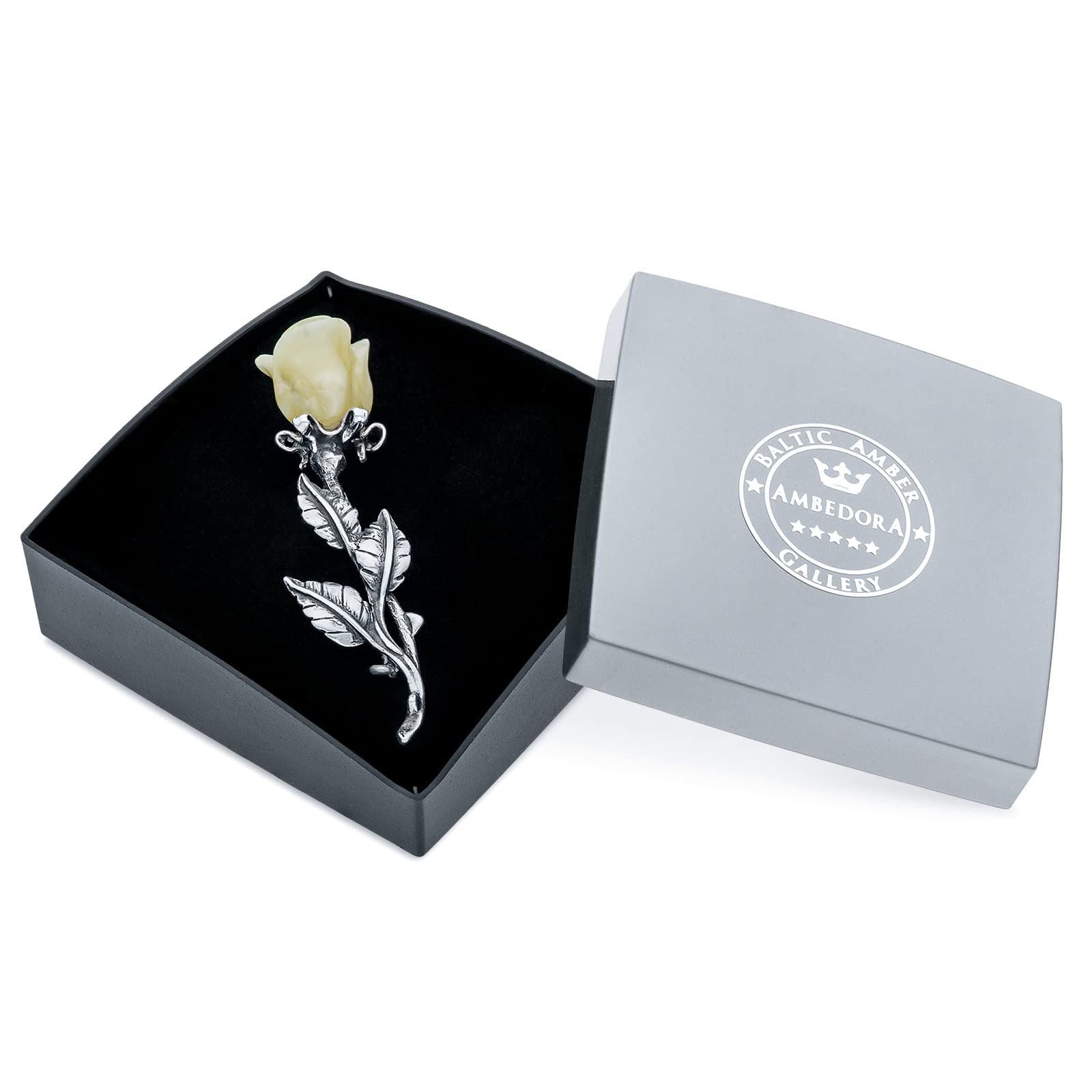 Damen Brosche, 925 Silber oxidiert, Bernstein Röslein handgeschnitzt, Silber Brosche mit Bernstein Rose in Milchfarbe 5g