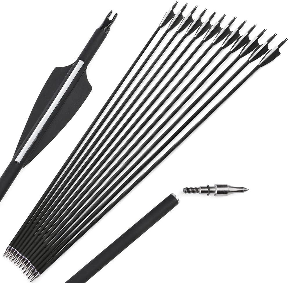 12PCS 30inch Carbon Hunting Arrows - 500 Spine 100 Grain Removable Tips for Compound/Recurve/Traditional Bow Archery Target Practice Shooting