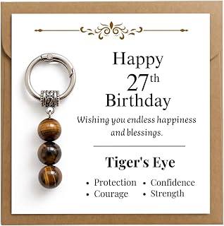 27th Birthday Gifts Handmade Keychain with Happy 27th Birthday Card | Natural stone keychain 27 Years Old Birthday Gift with birthday card 27 Gift