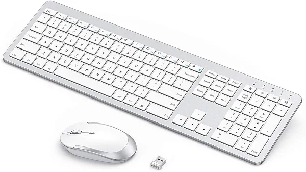 Rechargeable Wireless Keyboard Mouse Combo - Seenda Full Size Cordless Keyboard & Mouse Sets with Build-in Lithium Battery Ultra Thin Quiet Keyboard Mice - Silver and White