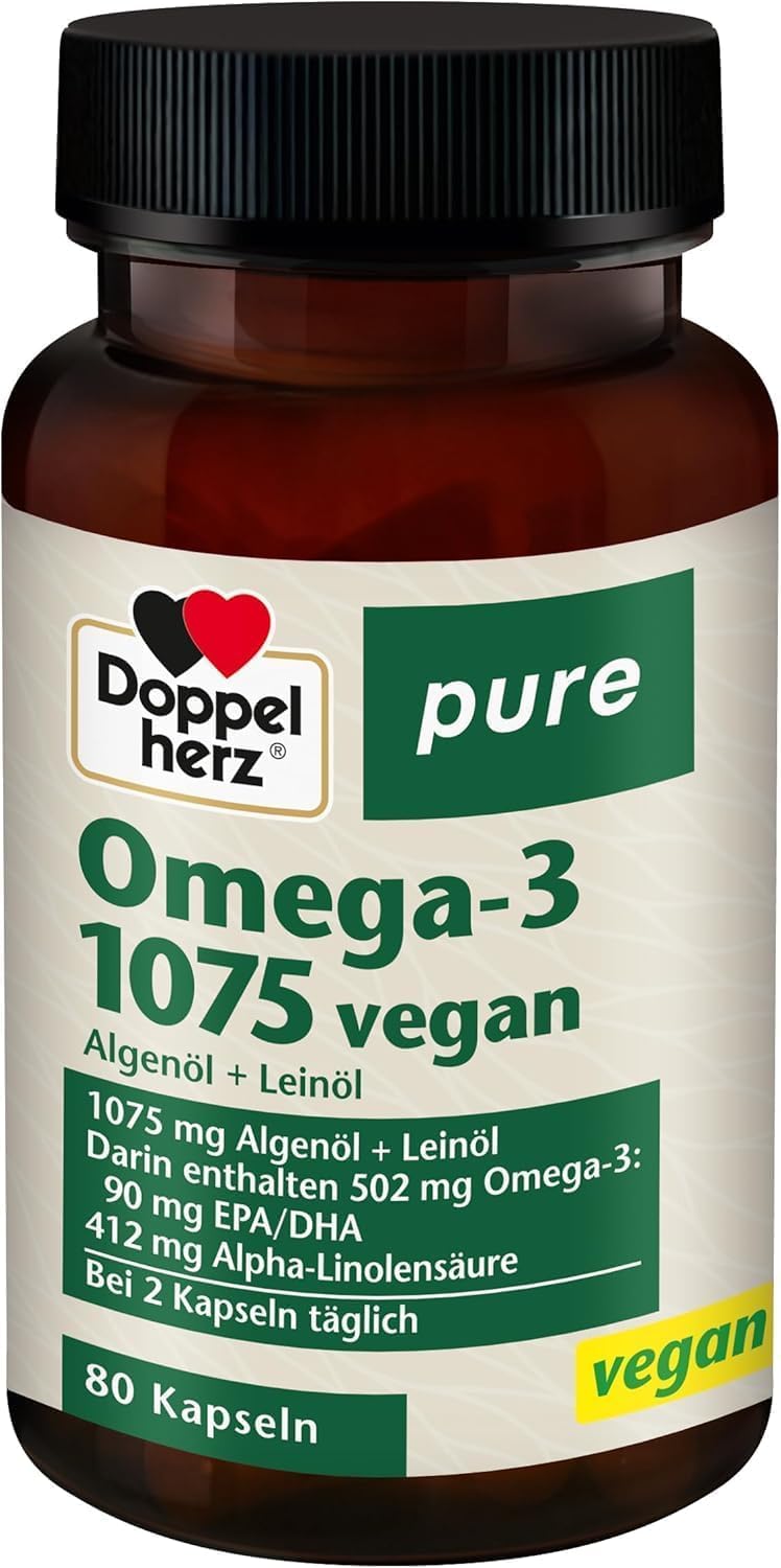 Doppelherz pure Omega-3 1075 vegan - Algenöl und Leinöl - Alpha-Linolensäure trägt zum Erhalt eines normalen Cholesterinspiegels bei - 80 Kapseln
