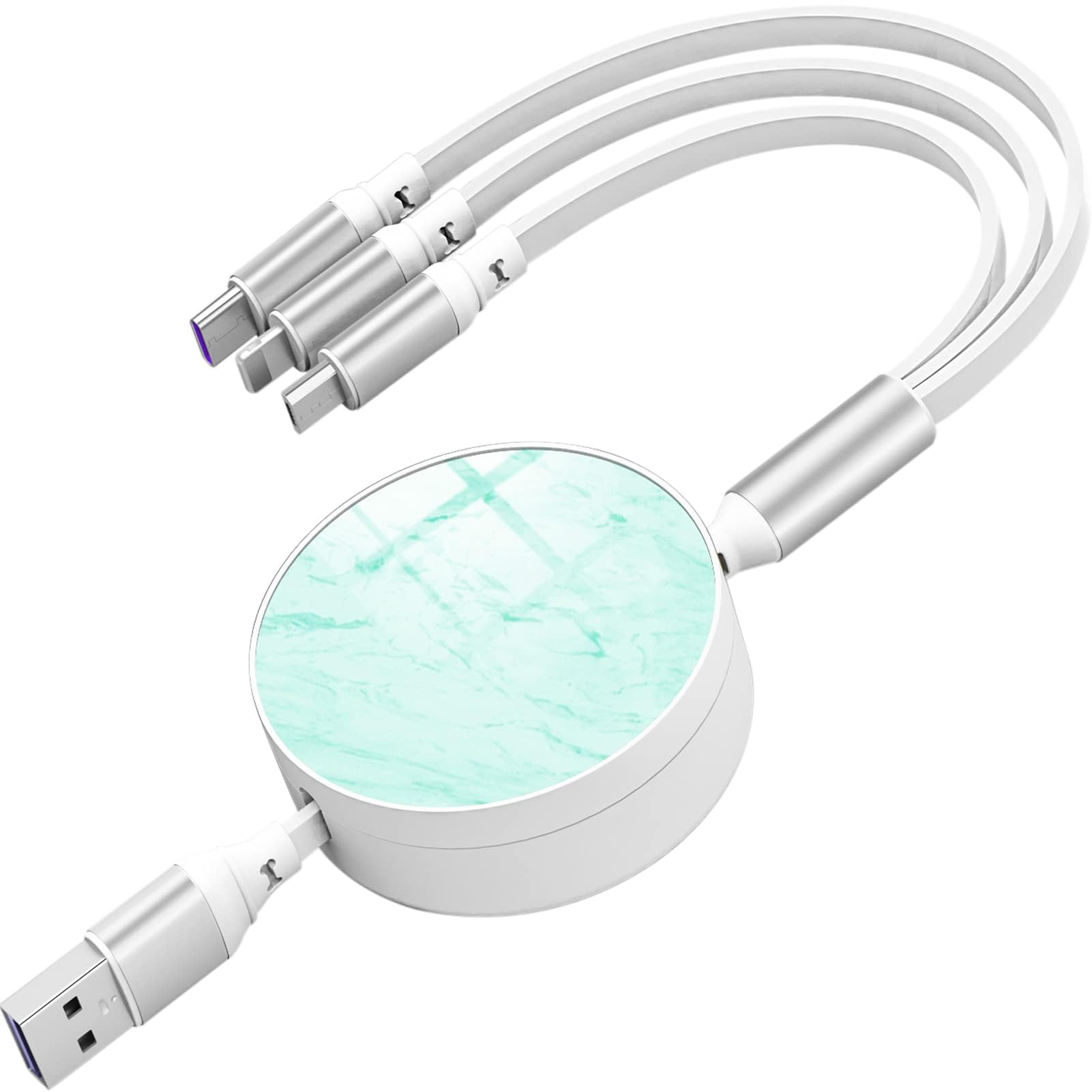 NALACAL Retractable Multiple Charger Cable, 3 in 1 Super Fast Charging Cable (IP/USB C/Micro USB), 3.3Ft Multi Cable Fast Charger Cord for iPhone, Samsung, iPad, Tablets, Green Marble