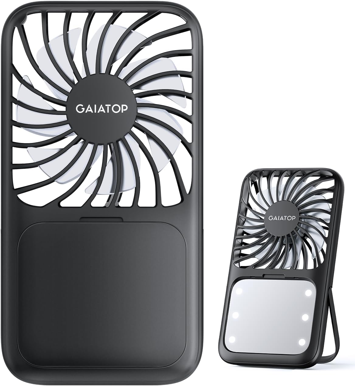 Portable Handheld Fan, Folding Stand for Desktop, 3 Speed LED Makeup Mirror with Light, Rechargeable Mini Personal Fans Small Travel Essentials Gifts for Women Girls Black