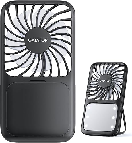 Miniatura 7 de Gaiatop Ventilador de mano portátil, espejo de maquillaje LED de 3 velocidades con luz, soporte plegable para escritorio, mini ventiladores Rosa