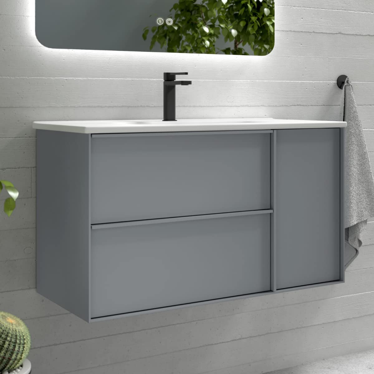 Mueble de Baño Suspendido con Lavabo Cerámico Oslo | Mueble Baño Volado de 2 Cajones con Puerta Lateral con Cierre Amortiguado y Organizador | Mist Mate | 80cm