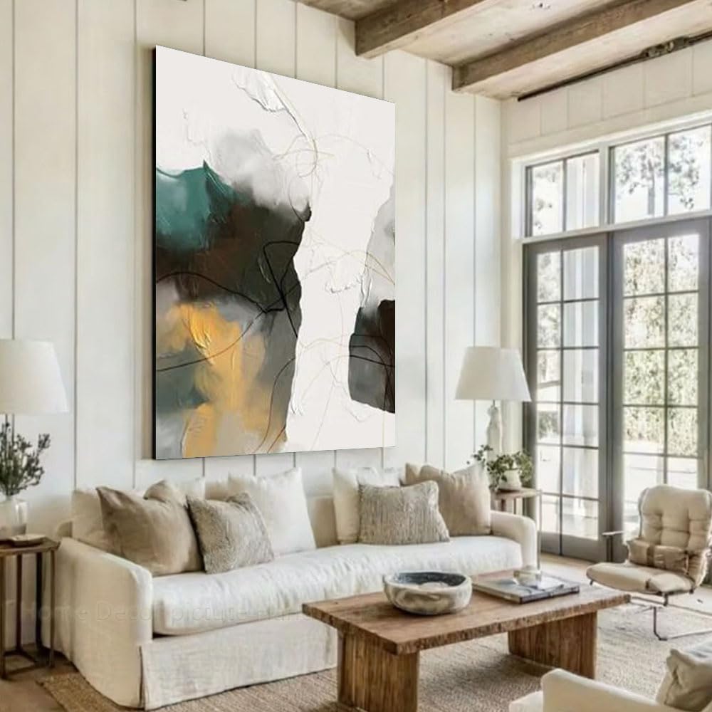 Uudezo With Frame Large Abstract Black White Blue Yellow Texture Oil Painting On Canvas Mural For Living Room Decor(50X75cm(20X30inch)