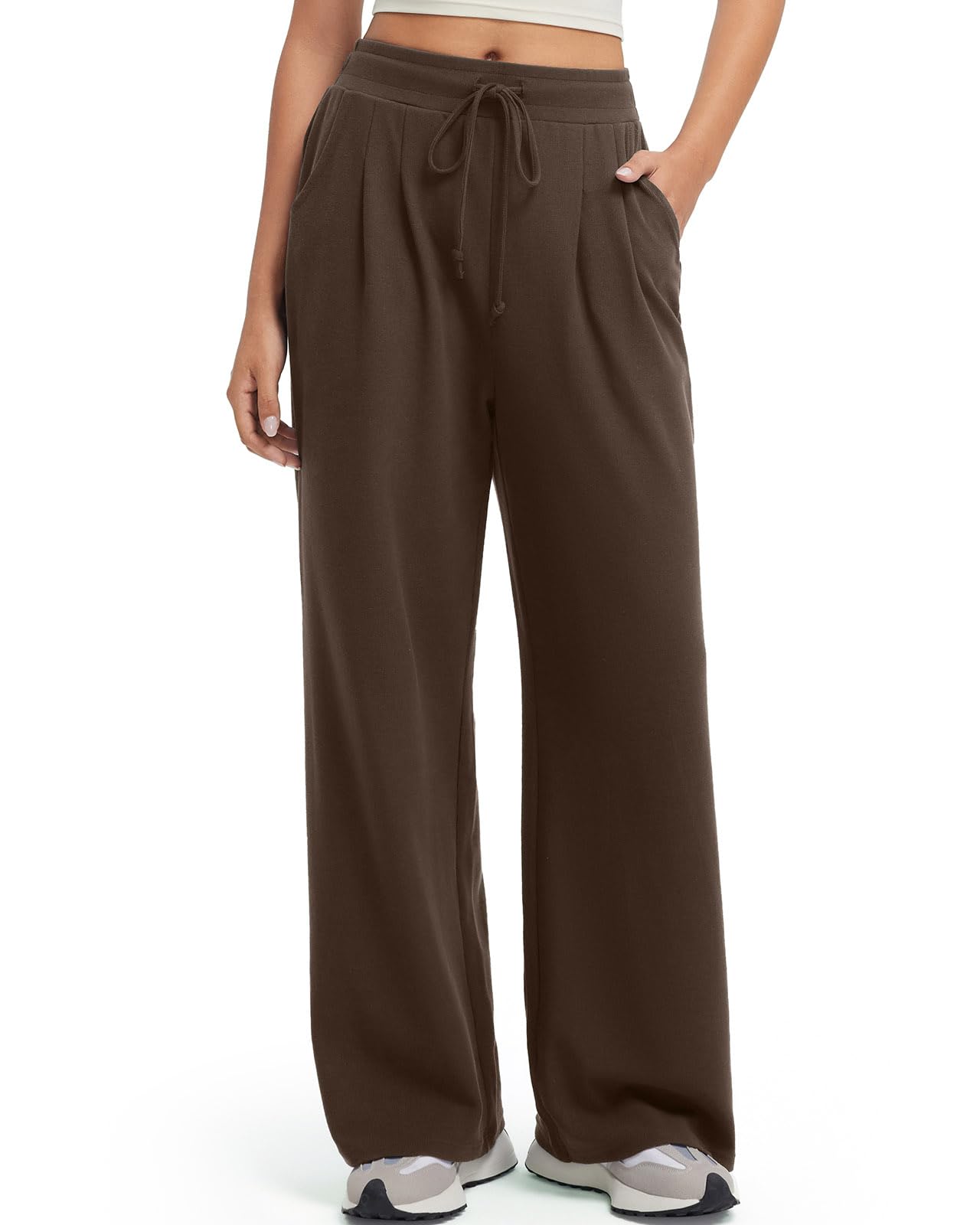SUUKSESS Women Wide Leg Work Pants High Waisted Drawstring Waffle Knit Trousers