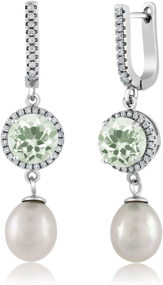 Gem Stone King 3.79 Ct Round Green Prasiolite 925 Sterling Silver 11X8MM Cultured Freshwater Pearl Earrings