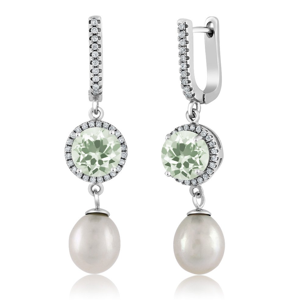 Gem Stone King 3.79 Ct Round Green Prasiolite 925 Sterling Silver 11X8MM Cultured Freshwater Pearl Earrings