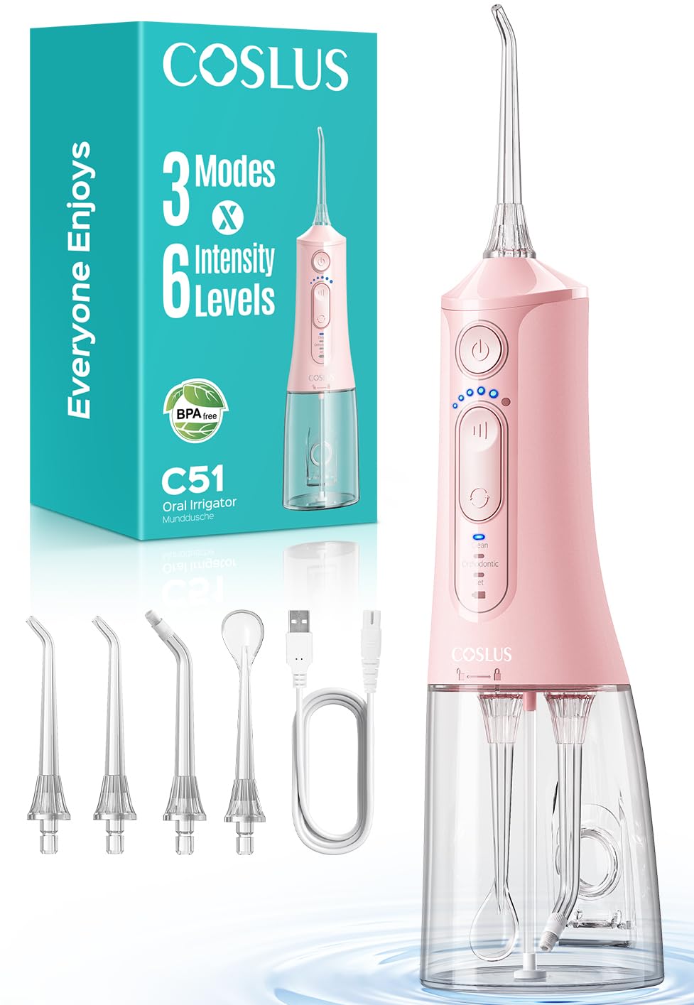 COSLUS C51 Irrigador Dental Bucal Portatil: 3 Modos y 18 Presión Ajustable - 300ml IPX7 Irrigador Bucal Inalámbrico para Ortodoncia/EncÃas Sensibles -Limpieza Dientes de Hogar Viaje 4 Boquillas Rosa Global Recycled Standard Global Recycled Standard Global Recycled Standard