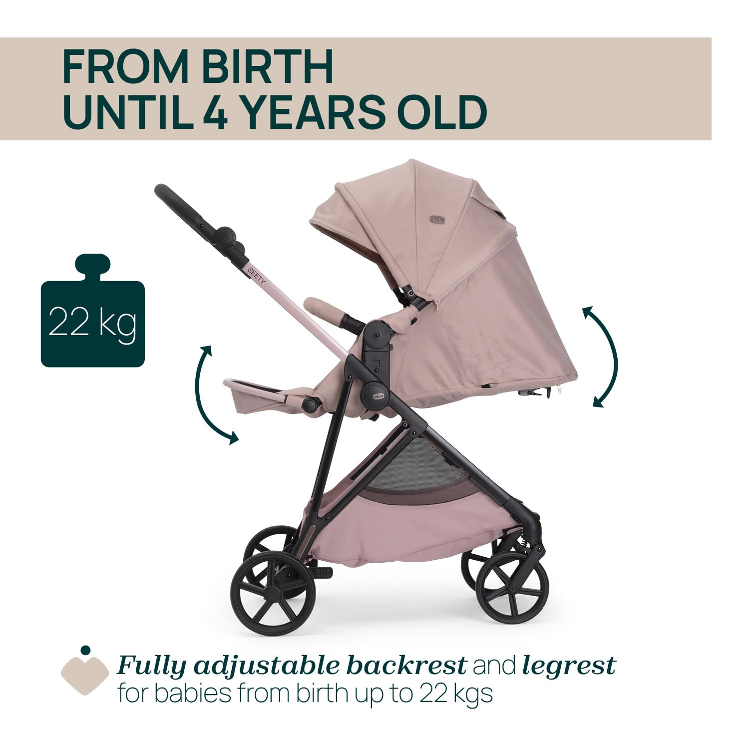 Chicco Cochecito Seety, Cochecito Ligero y Compacto De 0 Meses a 4 Años, Capacidad Máxima 22 kg, Cochecito Plegable,Respaldo Reclinable,Cierre Automático con 1 Movimiento, Capota Parasol y Cubrelluvia
