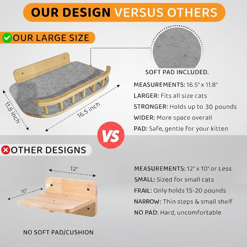 Cat Wall Shelves with 3 Steps – Modern Wood Wall Mounted Furniture, Climber & Perch Shelf for Cats up to 30lbs – Sturdy Floating Bed for Large Cats