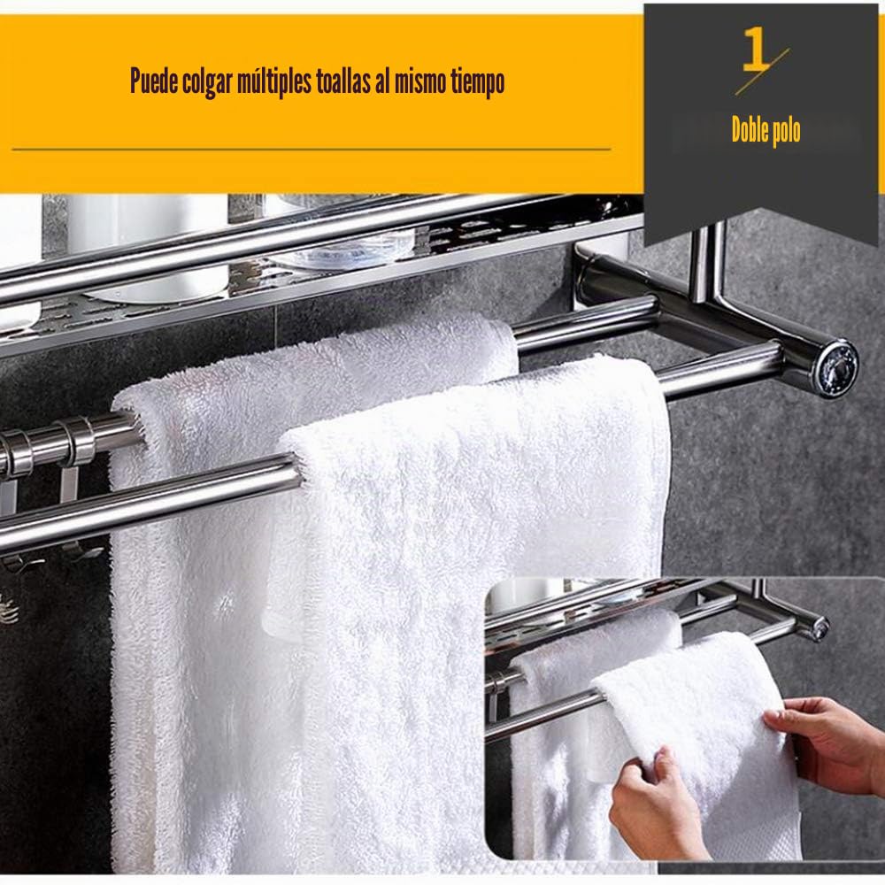 Estanterías para Baño Acero Inoxidable Pared Montado, Estanteria Ducha Estantes Baño con Toallero con Ganchos Pared Estante para Baño para Cocina,Silver-50cm