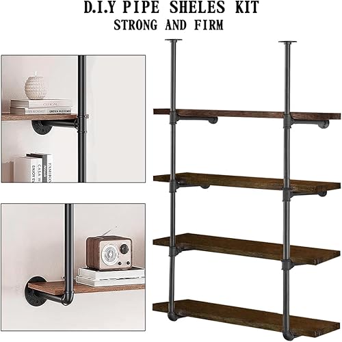 Miniatura 5 de HITOMEN Estantes industriales de tubería de hierro, 2 juegos de 4 niveles de 57.5 pulgadas de alto y 12 pulgadas de profundidad, estantería abierta
