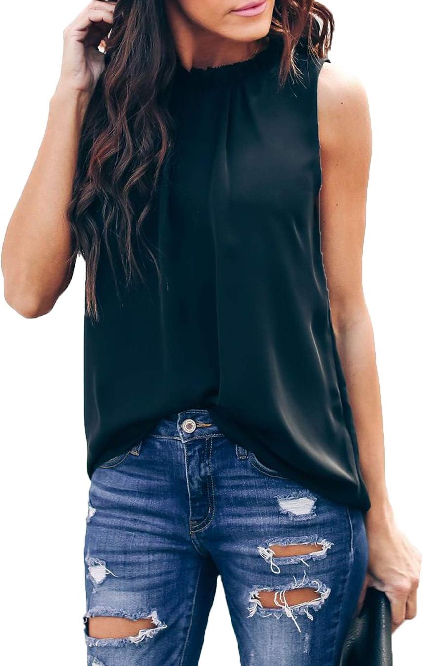 Allimy Women Summer Ruffle Trim Neckline Tank Tops Double Lined Chiffon Blouses image 3