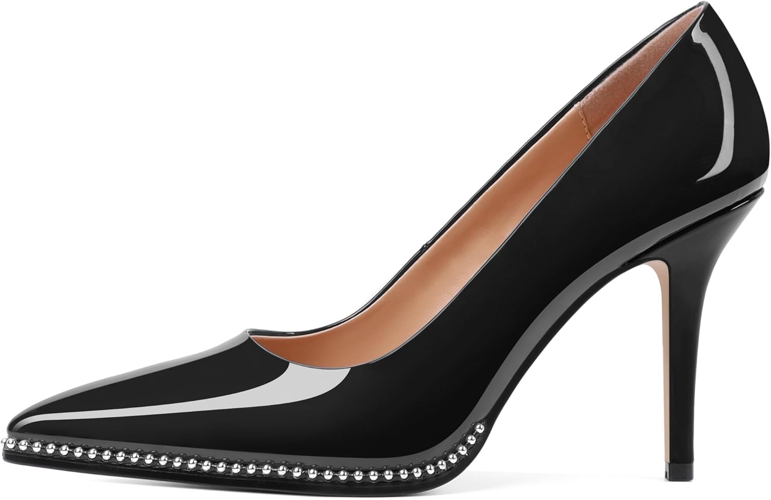 SAMMITOP Women Beaded Pumps Closed Pointed Toe High Heel Slip On Stilettos 3.5 Inch Sexy Heeled Dress Shoes Patent Leather - Image 5