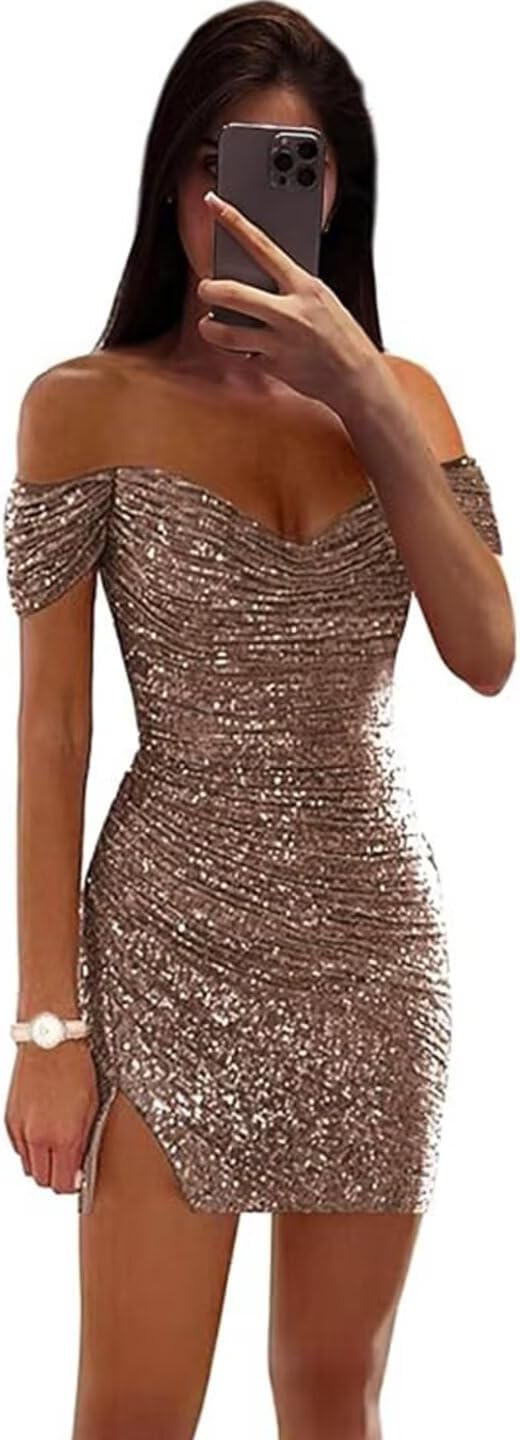 UZN Off Shoulder Sequin Homecoming Dresses for Teens Juniors Short Sparkly with Slit Prom Cocktail Gowns