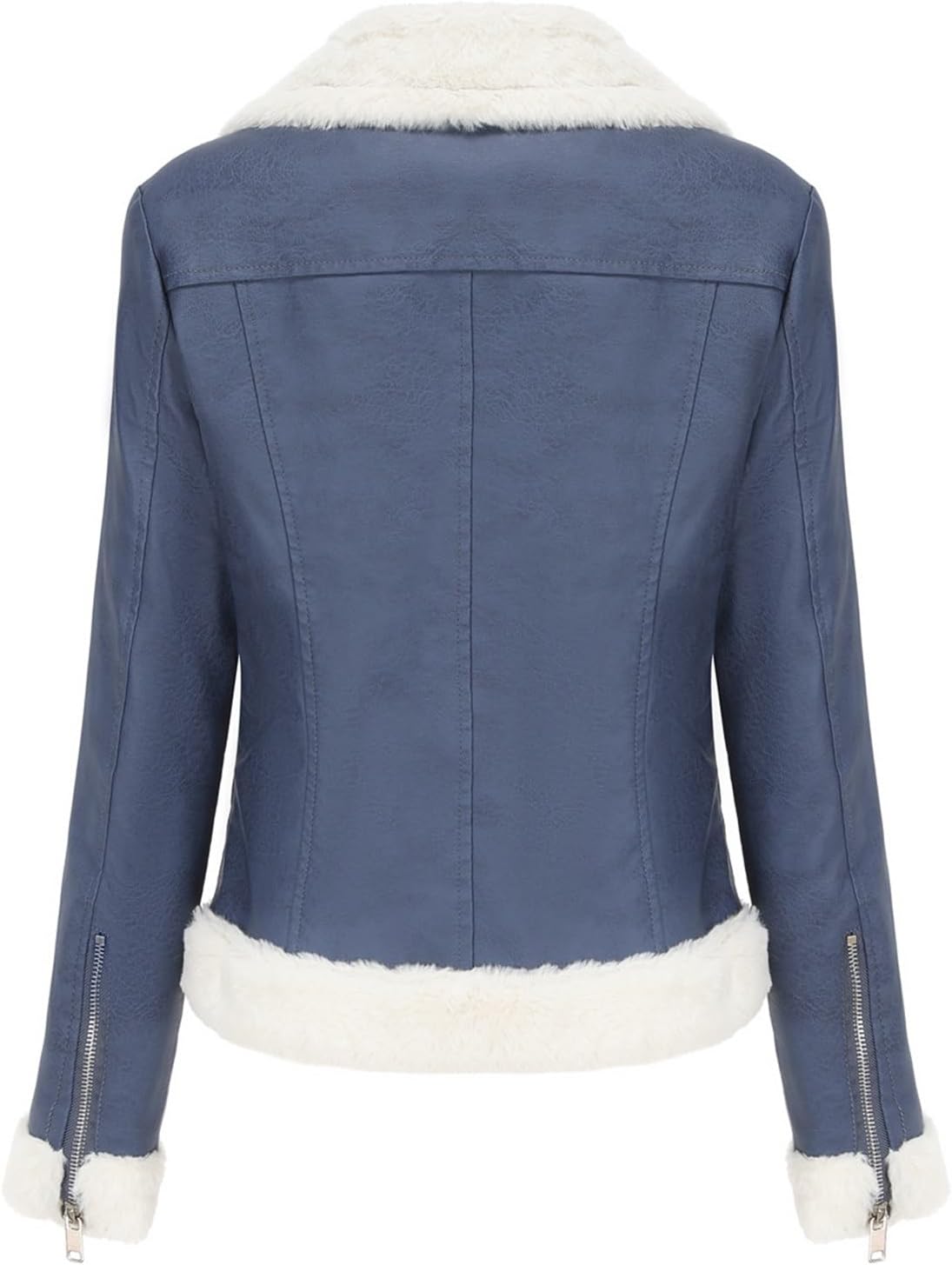 Women's Faux Shearing Moto Bomber Jacket, Faux Leather Jacket with Faux Fur Collar, Sleeve Furry Trim Coat