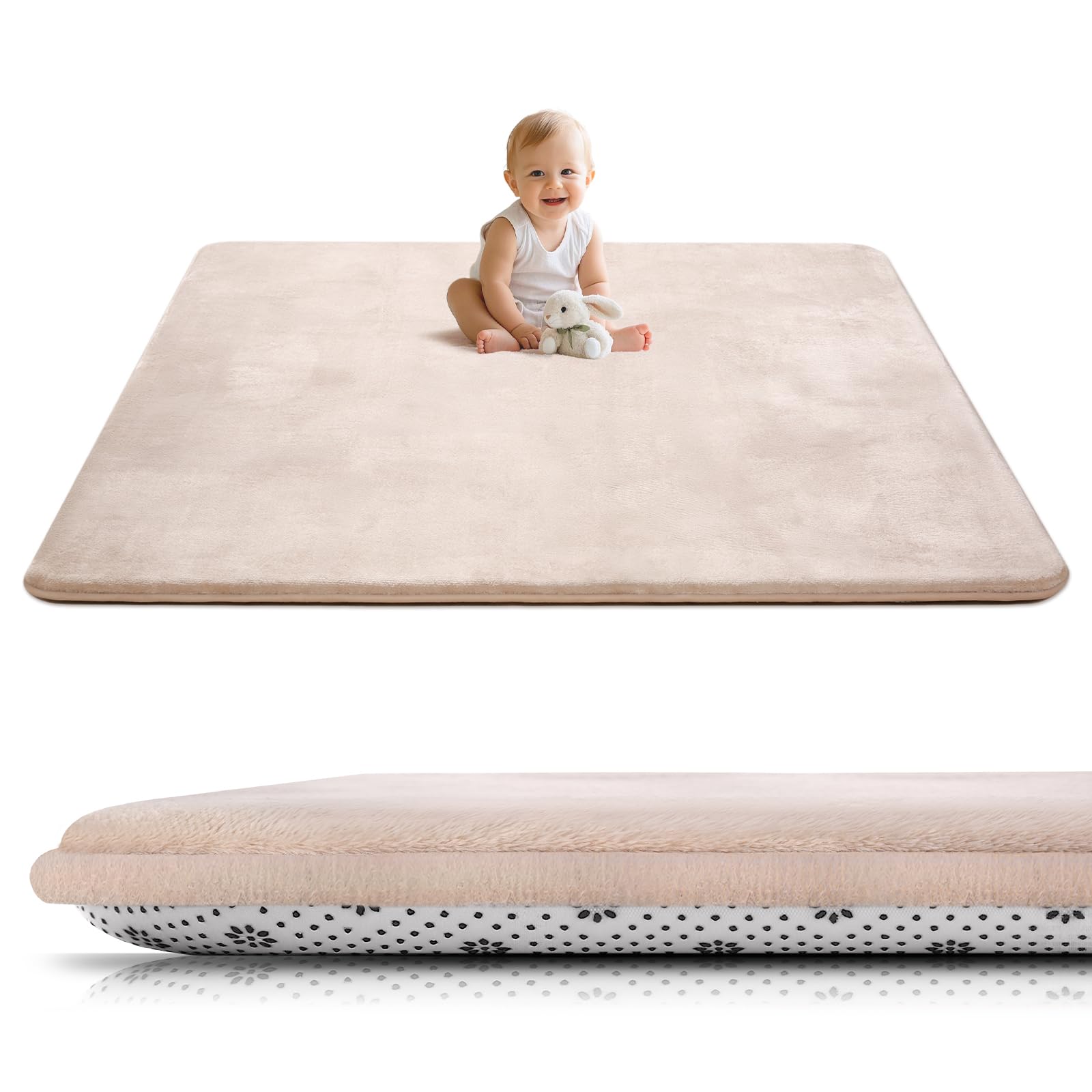 Baby-Spielmatte, 150 x 200 cm, 3 cm dicke Schaumstoff-Spielmatte, ultraweiche Unterstützung und Plüsch-Gefühl, leicht zu reinigen, Baby-Krabbelmatte mit rutschfester Unterseite, Beige