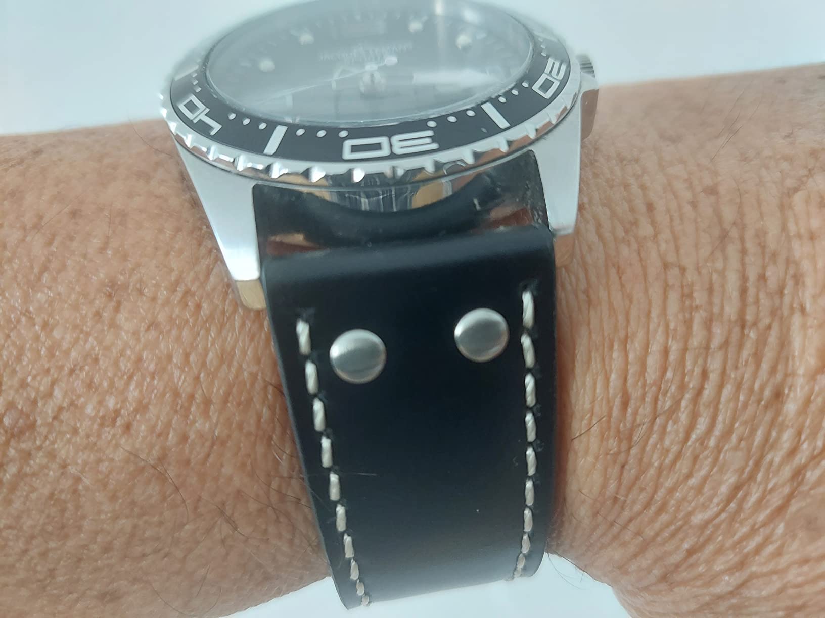 RIOS1931 Vintage Leder-Uhrenarmband, 20 Mm, Schwarz Mit Roter Naht - Deutscher Hersteller, Handgefertigt