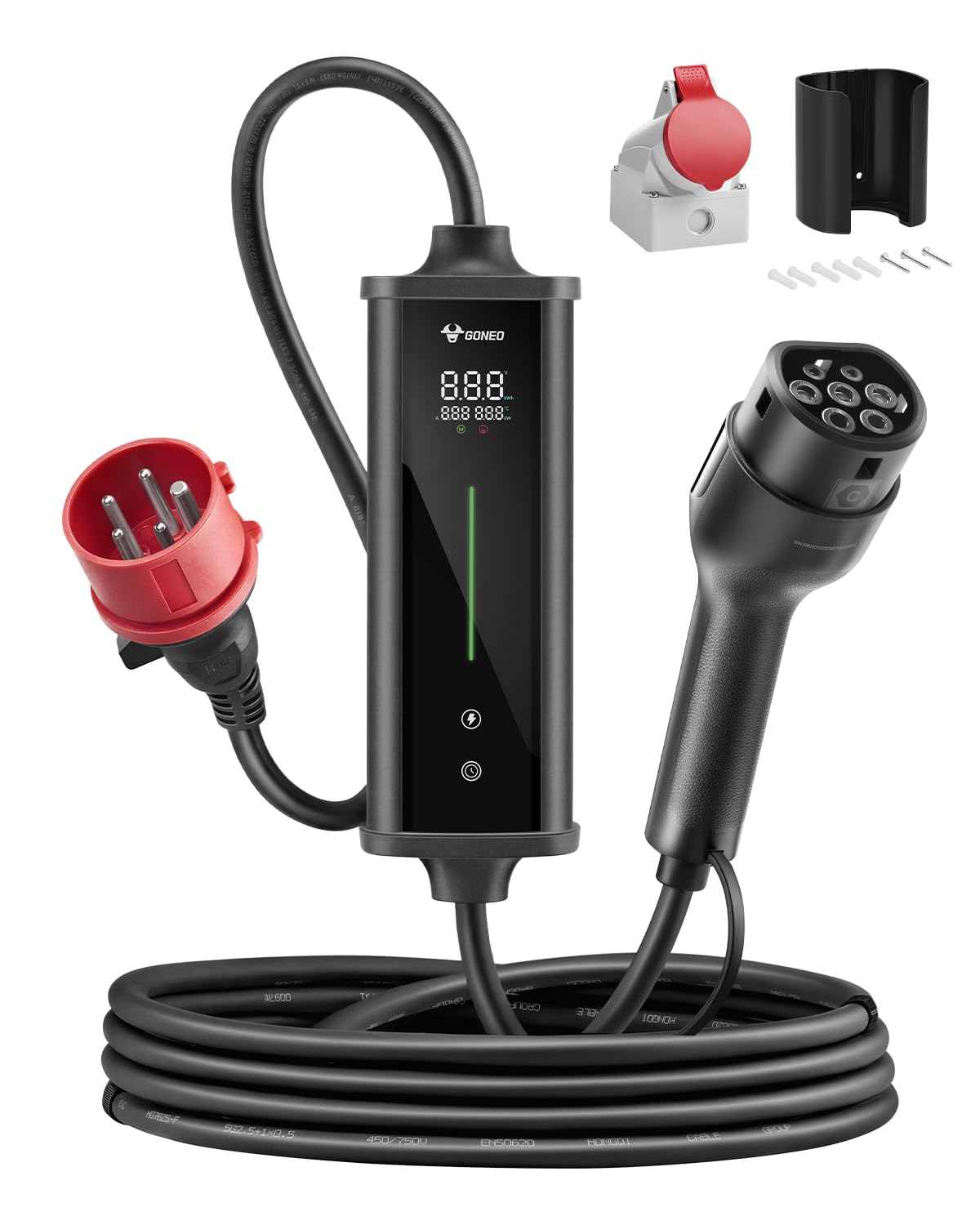 GONEO Przenośna skrzynka ścienna 11 kW, wodoszczelność IP66, wtyczka CEE 16 A, 10 m kabel do ładowania typu 2, 3-fazowy, regulacja 6-16 A, wyświetlacz LCD i timer, przenośna ładowarka EV do pojazdów
