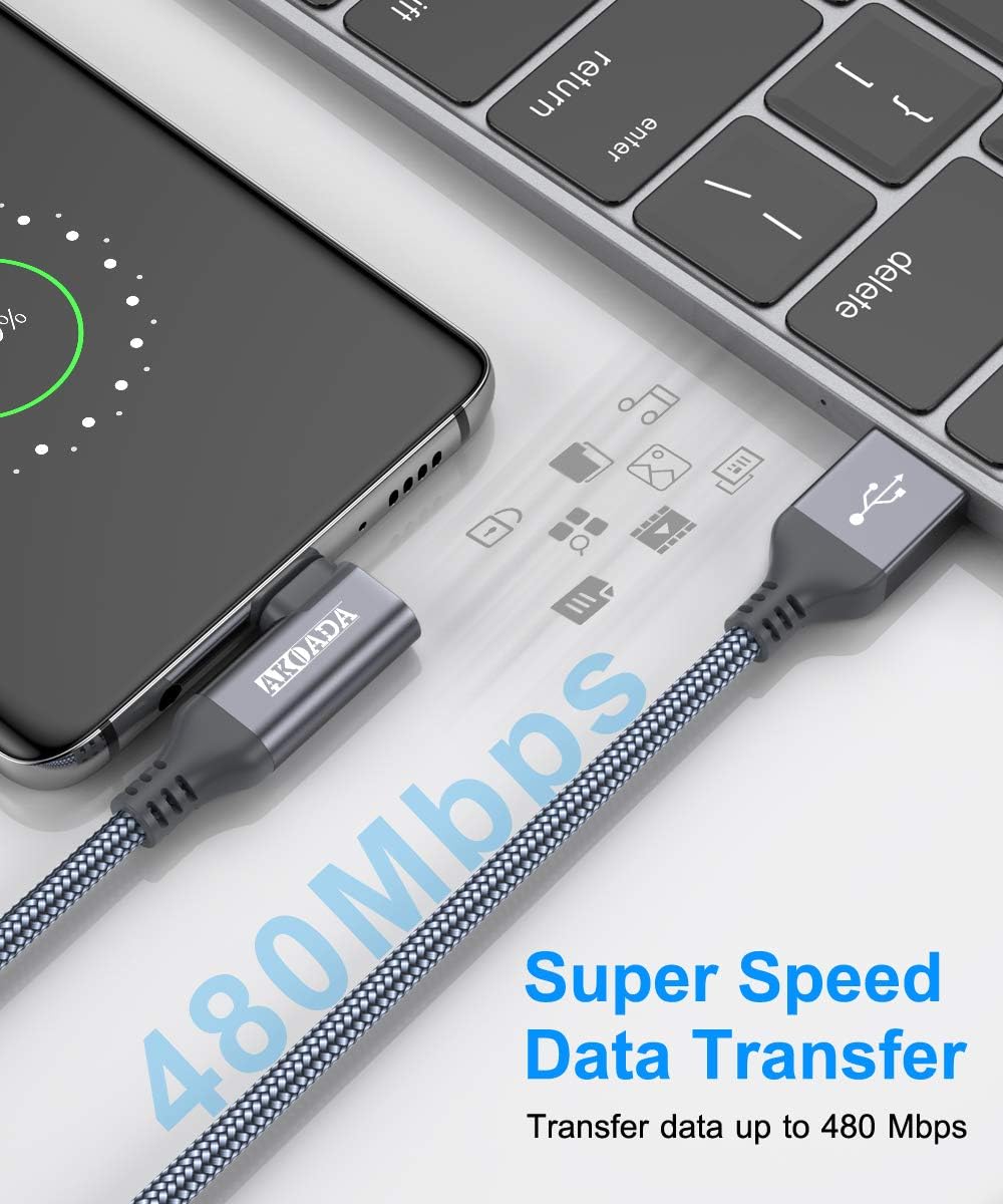 🔥 Cashback up to 70% Right Angle USB C Cable (2 Pack 10ft), Akoada USB A to USB Type C Nylon Braided Fast Charging Cable for Samsung Galaxy S20 S10 S10e S9 S8 Plus Note 10 9 8,LG G8 G7 V40 V20 V30，GoPro Hero 7 6 5（Grey)