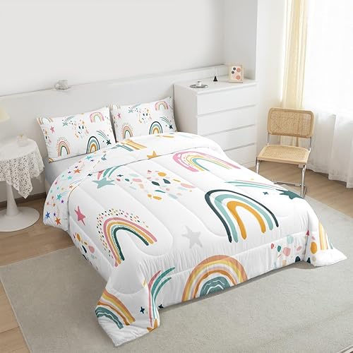Miniatura 4 de Juego de ropa de cama tamaño individual arcoíris para niñas, juego de edredón de decoración Kawaii estilo dibujado a mano para niños y mujeres,