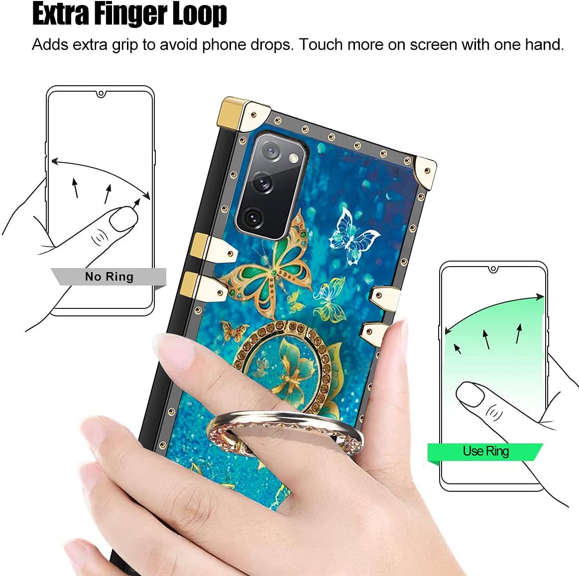 Samsung Galaxy S20 FE Case with Ring Stand Holder, Square Edge Diamond Rivet Crystal Elegant Soft TPU Rhinestone Reinforced Corner Shock-Absorbing Protective for Samsung S20 FE (Butterfly Blue)