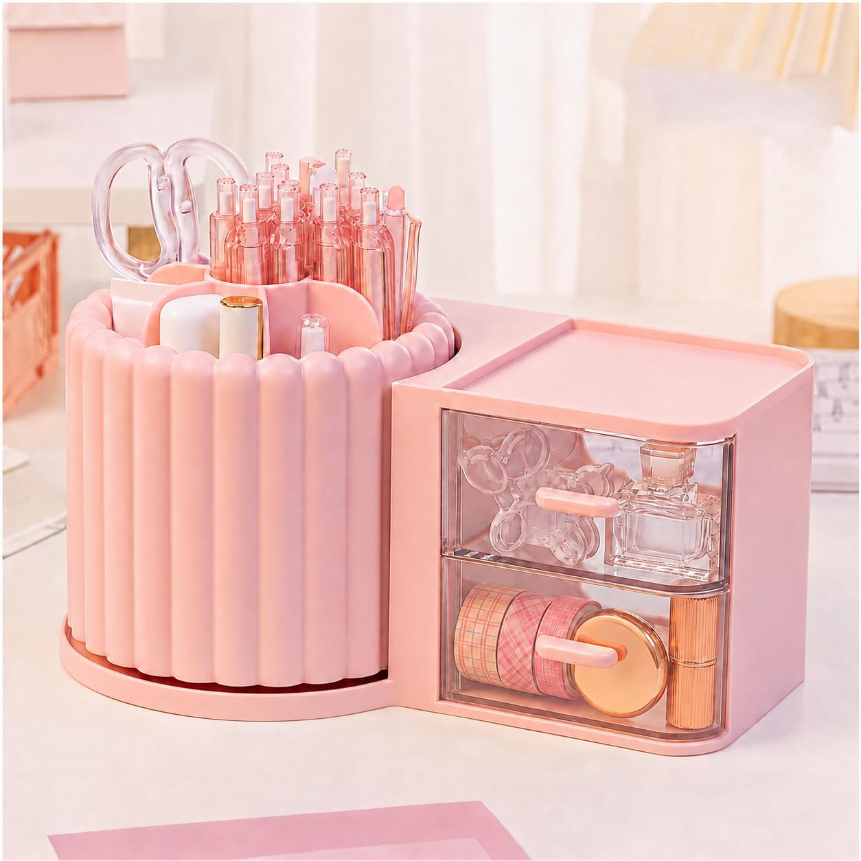 360 Rotating Makeup Organizer Countertop with 2 Drawers,