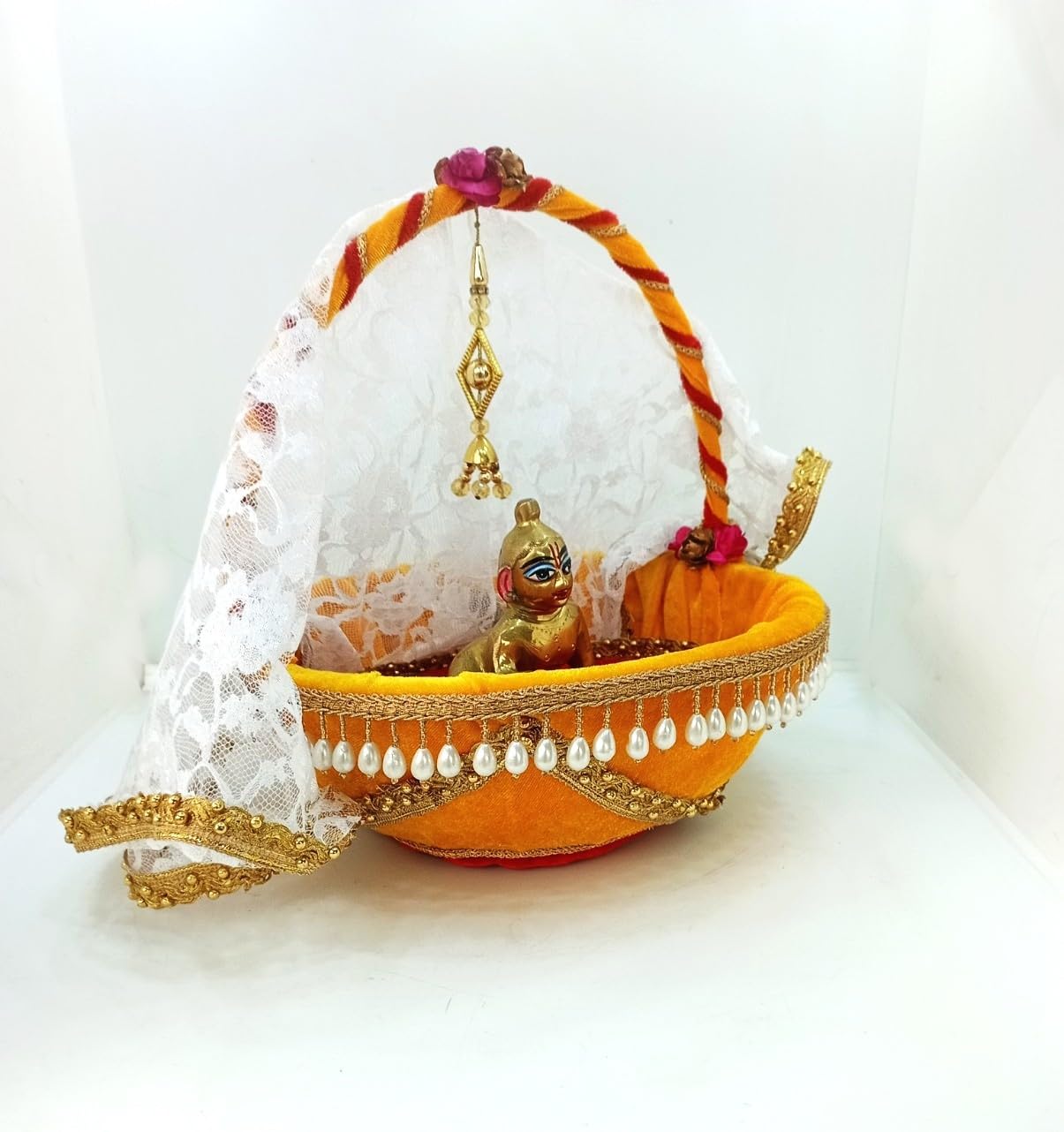 Kidskook Laddu Gopal Carry Rectangular Basket with Adjustable Mosquito Net Beautiful Handcrafted Tokri for Kanha Ji for Upto Size 6(Murti Not Included), Yellow-image-17