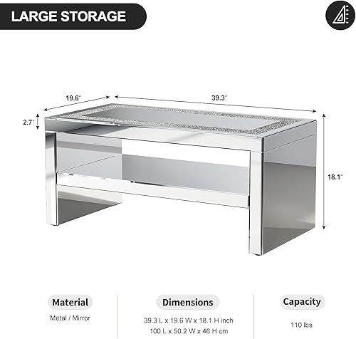 Miniatura 11 de IKIFLY Mesa de centro con espejo con 2 niveles, mesa de centro rectangular 2 en 1 con diamante triturado, mesa de sala de estar plateada con patas