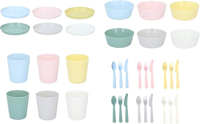 Invero 36 Piece Children's Colourful Unbreakable Plastic Reusable Bowls, Plates, Cups and Cutlery Tableware Set - Ideal for Breakfast, Lunch, Dinner, Outdoor Picnics, Parties, Travels and more