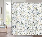 JAWO Spring Floral Shower Curtain,Blue and Yellow Watercolor Floral Shower Curtains,Green Leaf Batht