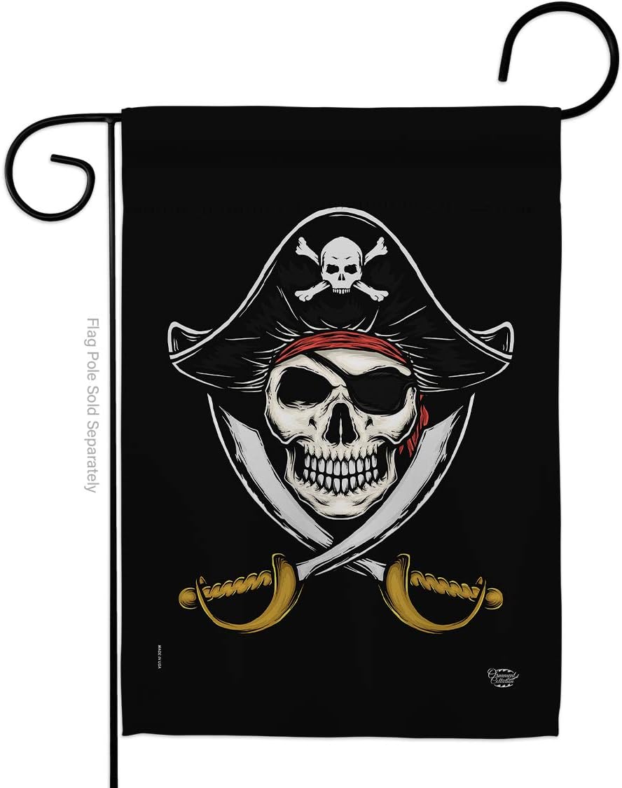 Pirates Garden Flag Set Wall Hanger Coastal Pirate Ship Skull Treasure Map Carribean Jolly Blackbeard Jack Small Decorative Gift Yard House Banner Made In USA 13 X 18.5