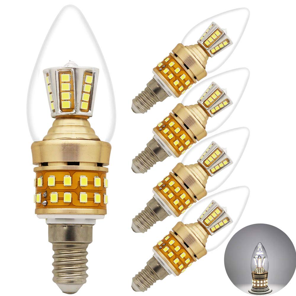 Chao Zan Light/White E14 Screw Base Edison 9W Led Candle Bulb, 70W Incandescent Bulbs Equivalent, Day Cold 6000K, 850Lm, Corn Lamp Bulbs,Non-Dimmable, 52Pcs 2835Smd,4-Pack