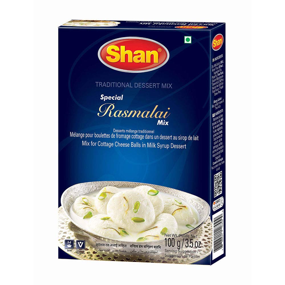 Shan Special Rasmalai Traditional Dessert Mix 3.5 oz (100g) - Powder for Cottage Cheese Balls in Milk Syrup - Suitable for Vegetarians - Airtight Bag in a Box