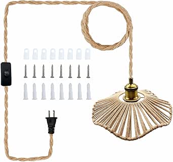 FEYAIM Hanging Lamp 16.7ft Plug in Pendant Light,Handwoven Hemp Rope ...