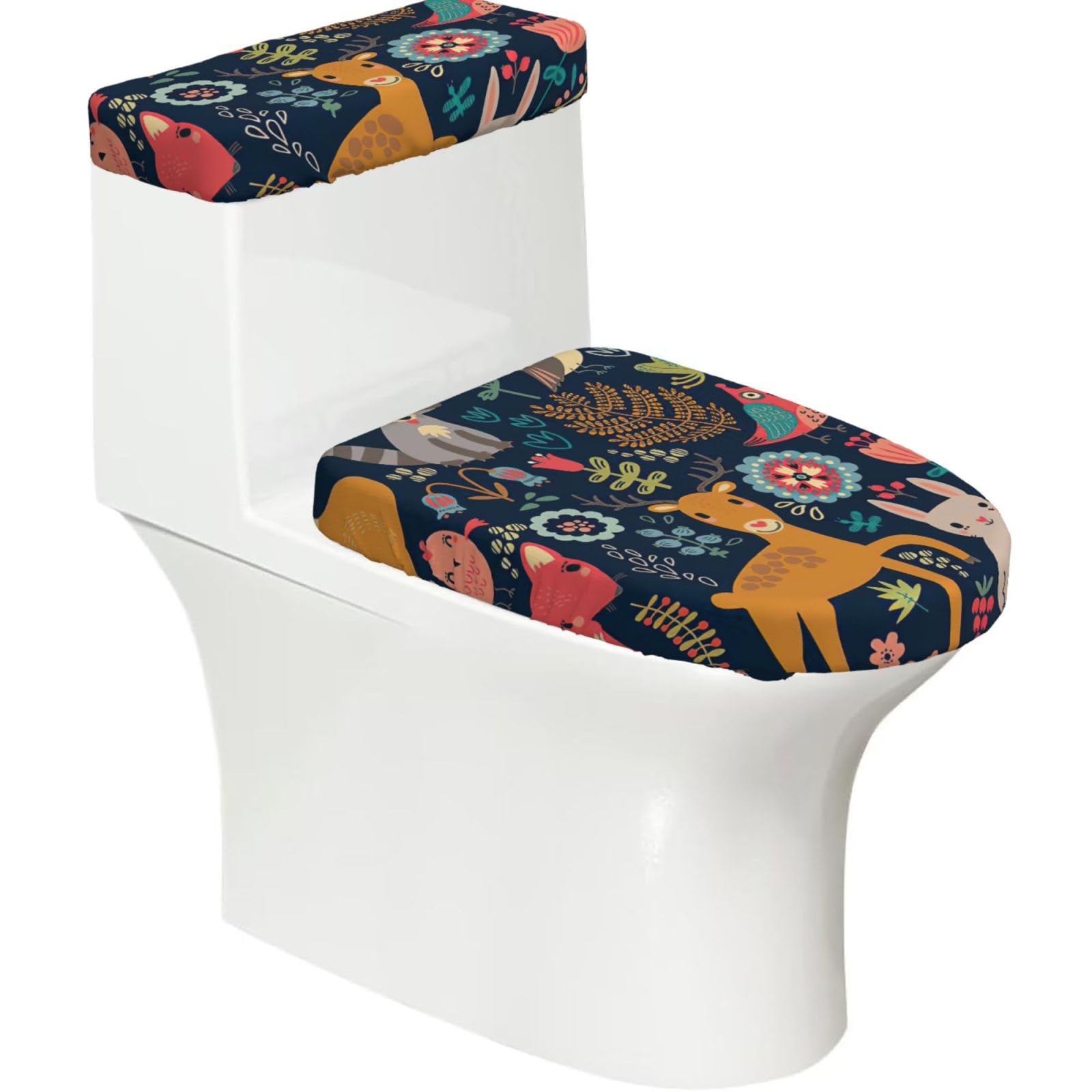 Owl Rabbit Bird Fox Print 2-Piece Stretch Toilet Cover Set, Elastic Breathable Toilet Seat and Tank Lid Protector