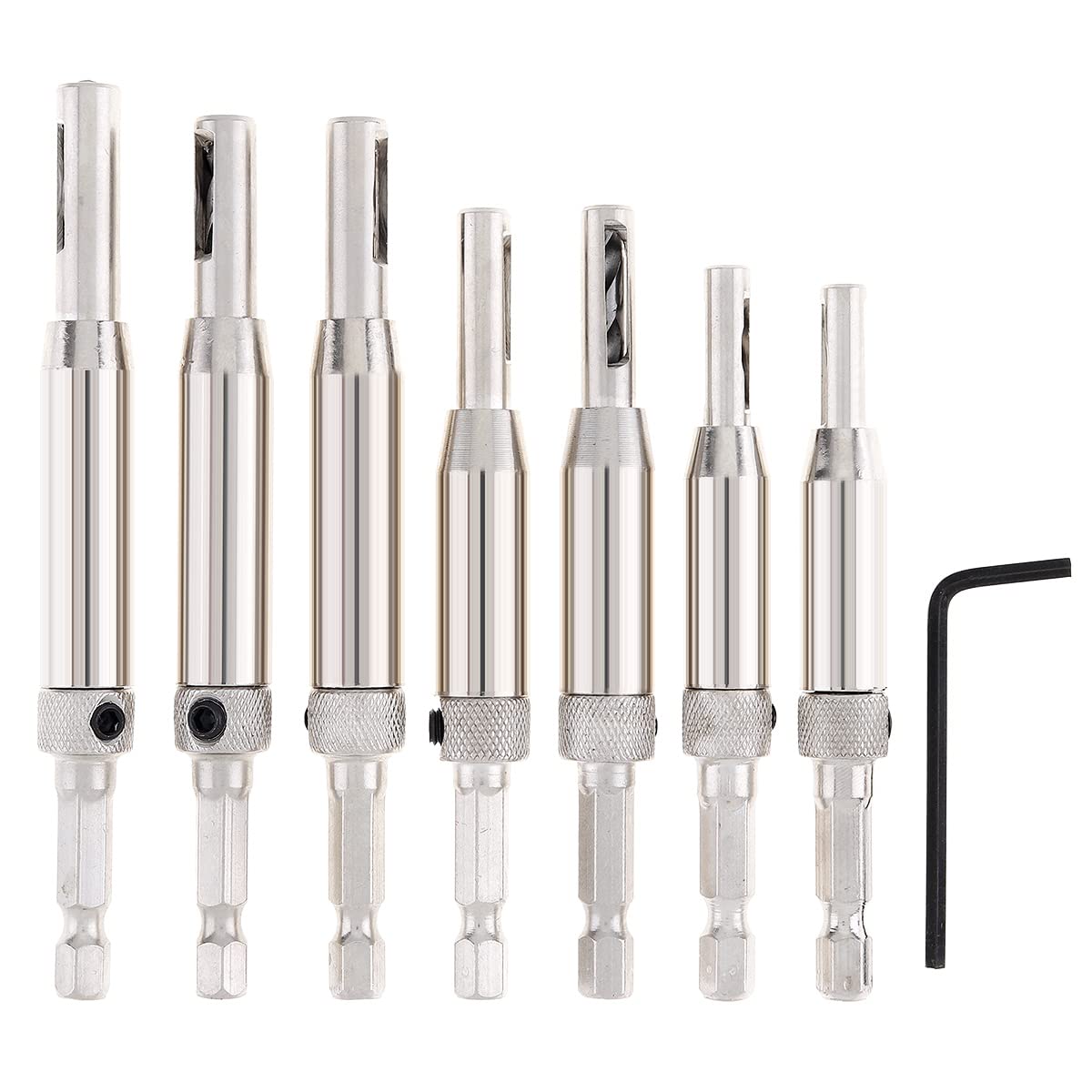 ChgImposs 7 Pcs Self-Centering Hinge Drill Bit Set, 1/4" Hex Shank Centering Drill Bits 5/64"–1/4" for Woodworking, Door, Window, Cabinet Installation