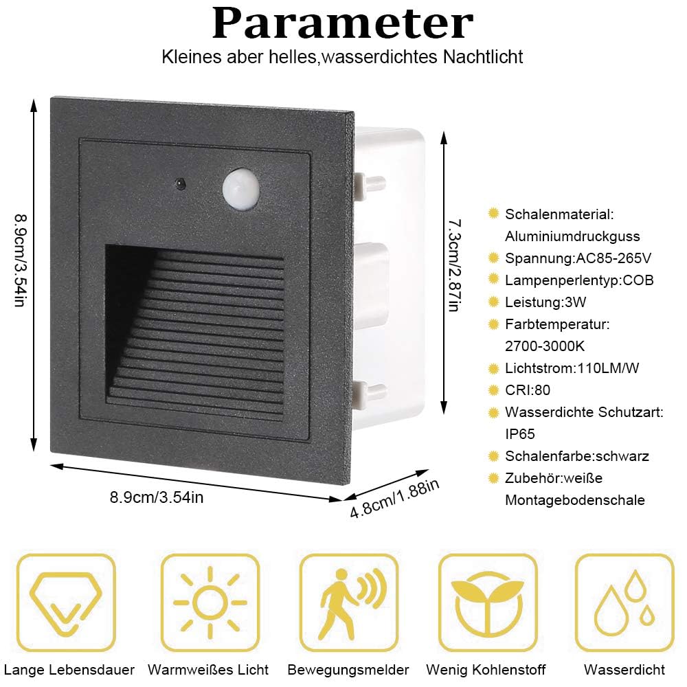 Oświetlenie schodów LED, 4 sztuki, do wbudowania w ścianę, aluminium, 3 W, 230 V, ciepła biel, oświetlenie schodów, oświetlenie zewnętrzne z czujnikiem ruchu, lampa ścienna, oświetlenie