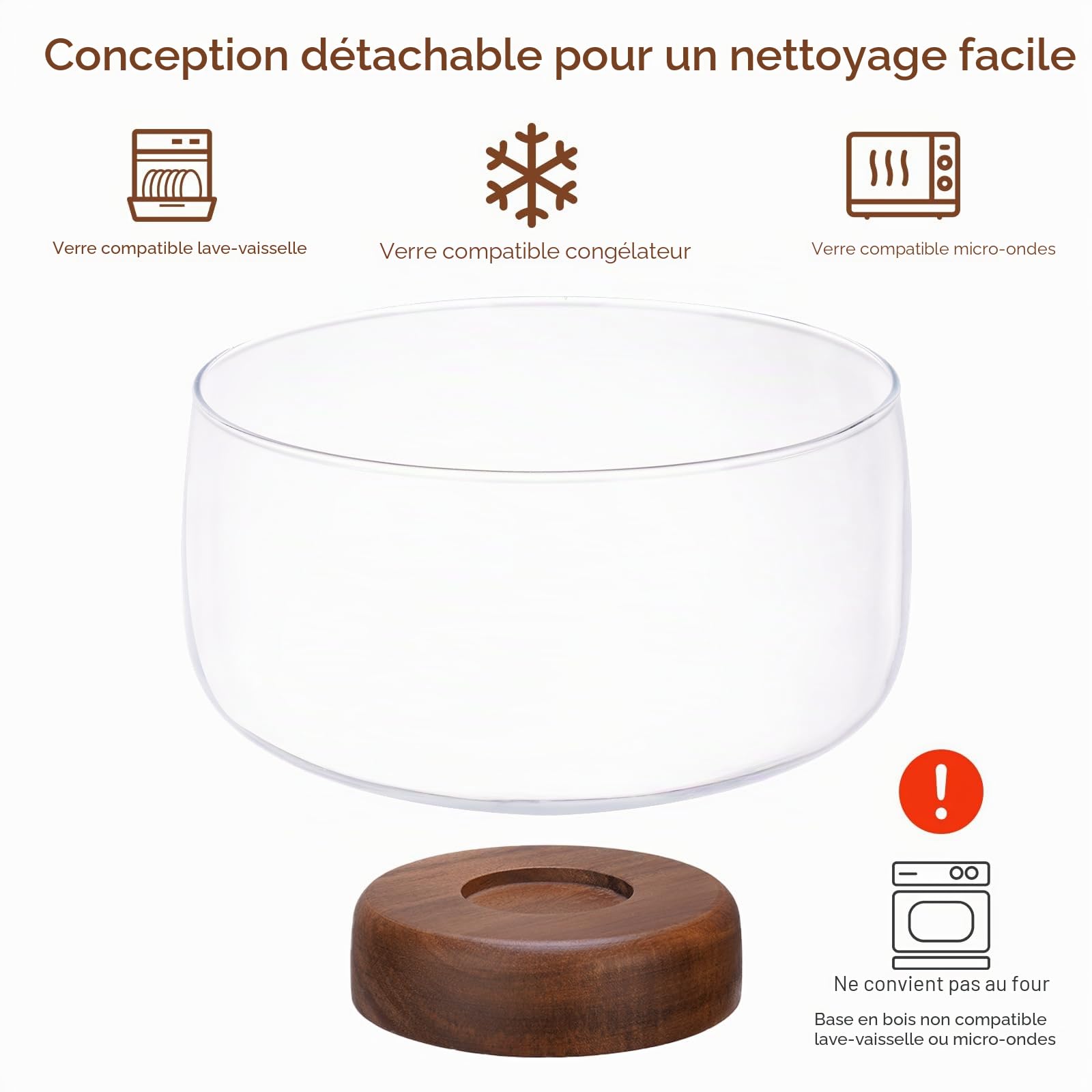 NiHome Grand bol en verre 3,6 l avec support acacia, plat polyvalent pour gâteaux, salades, desserts, présentation élégante pour fêtes, mariages, occasions spéciales