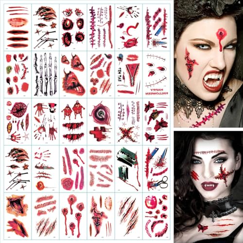Halloween Zombie Scars Tattoos Stickers,Tatuajes temporales de Halloween,Wasserdicht Gefälschte Blut tatuaje de cicatrices Aufkleber Wunde Aufkleber Tätowierungen schminken für Party Prop Dekorationen