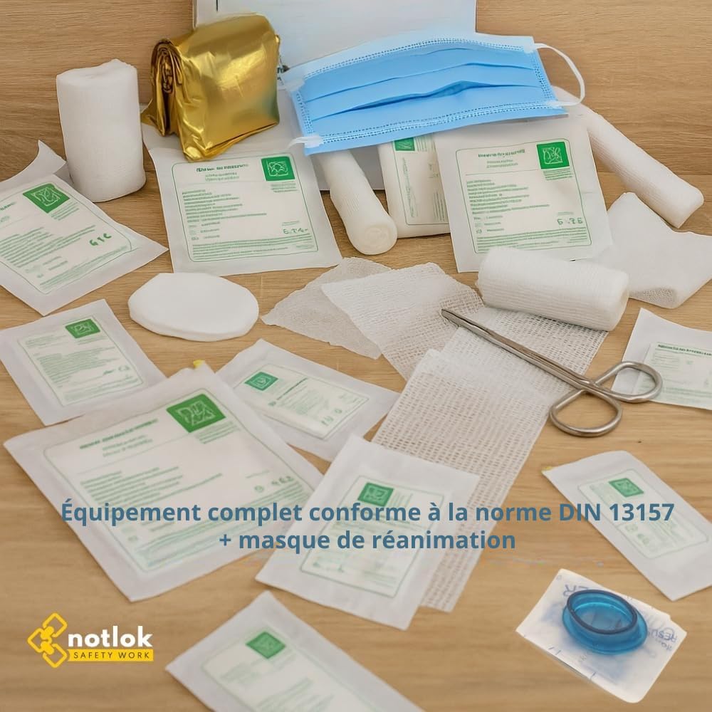 Trousse de Secours Complete DIN 13157 | Trousse Premier Secours - Boîte Pharmacie Murale | Pour Entreprise & Maison | Kit avec Pansements & Couverture de Survie Isothermique