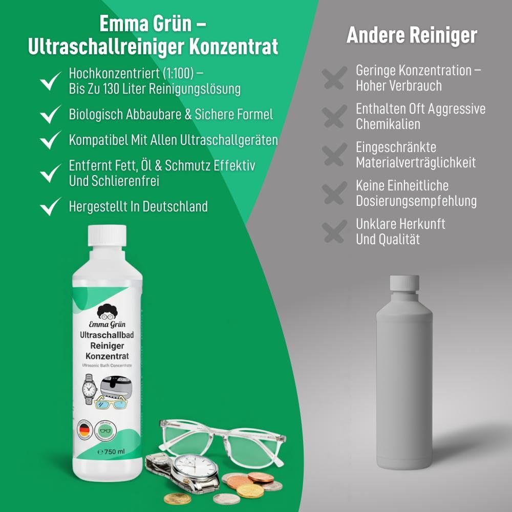 Emma Grün® Ultraschallreiniger Flüssigkeit 5 x 750 ml – Konzentrat für Brillen, Schmuck & Dentalgeräte – für Ultraschallgeräte (5)